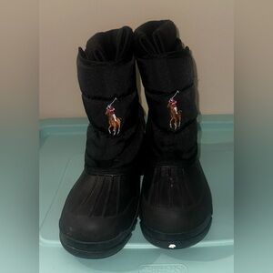Ralph Lauren Polo Snow Boots Kids Size 5 Black W/ Brown Logo Waterproof Fleece